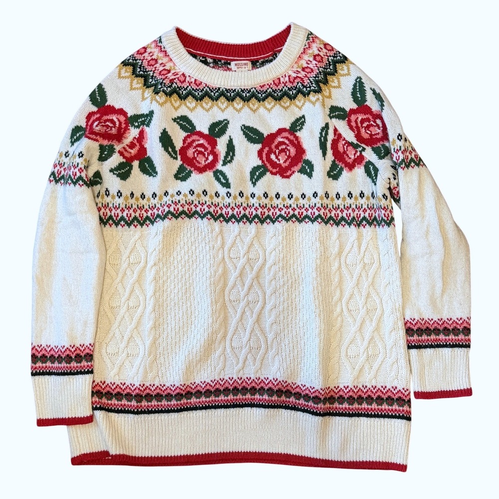Mossimo Sweater Women L White Rose Floral Cable Knit Cottagecore Romantic Granny